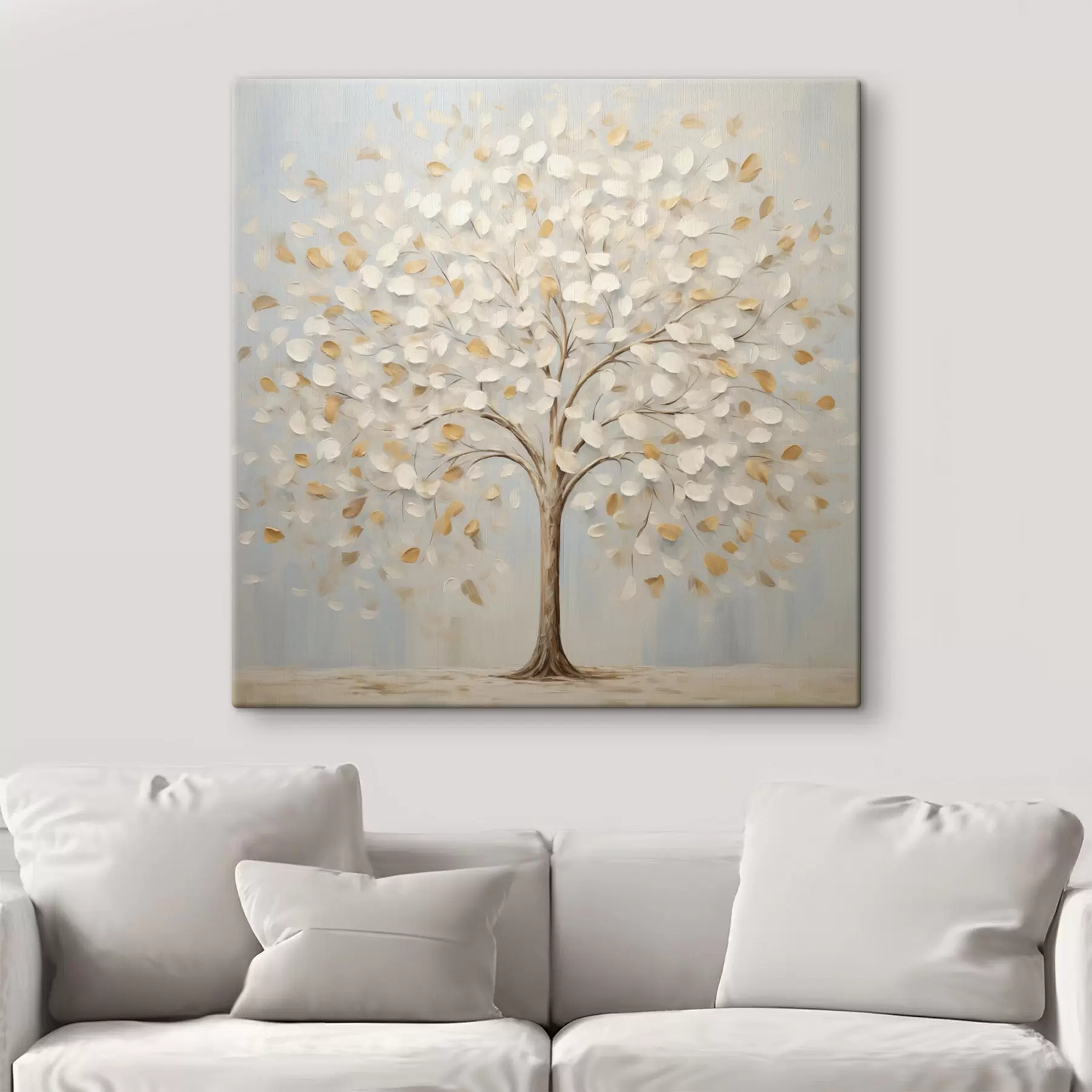 murales Una pintura con textura que representa un árbol con hojas blancas y amarillas sobre un fondo azul claro s48391