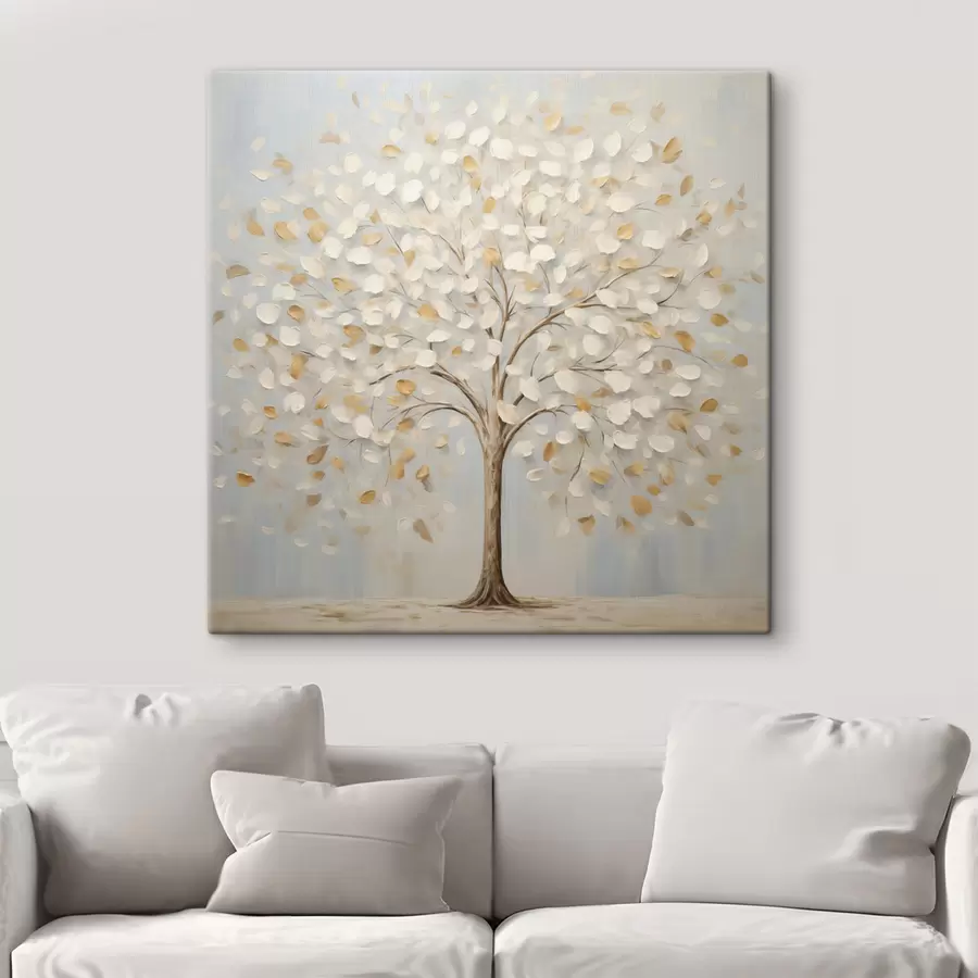 wall murals A textured painting style of a tree with white and yellow leaves against a light blue background s48391