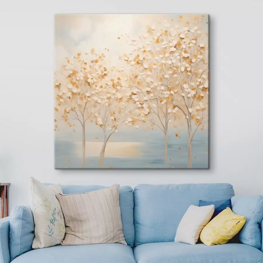 murales Una pintura con textura que representa árboles con hojas blancas y amarillas sobre un fondo azul claro s48392