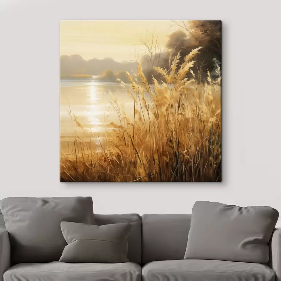 wall murals Tall, dry spikelets grass in the foreground with a lake and trees in the background s48393