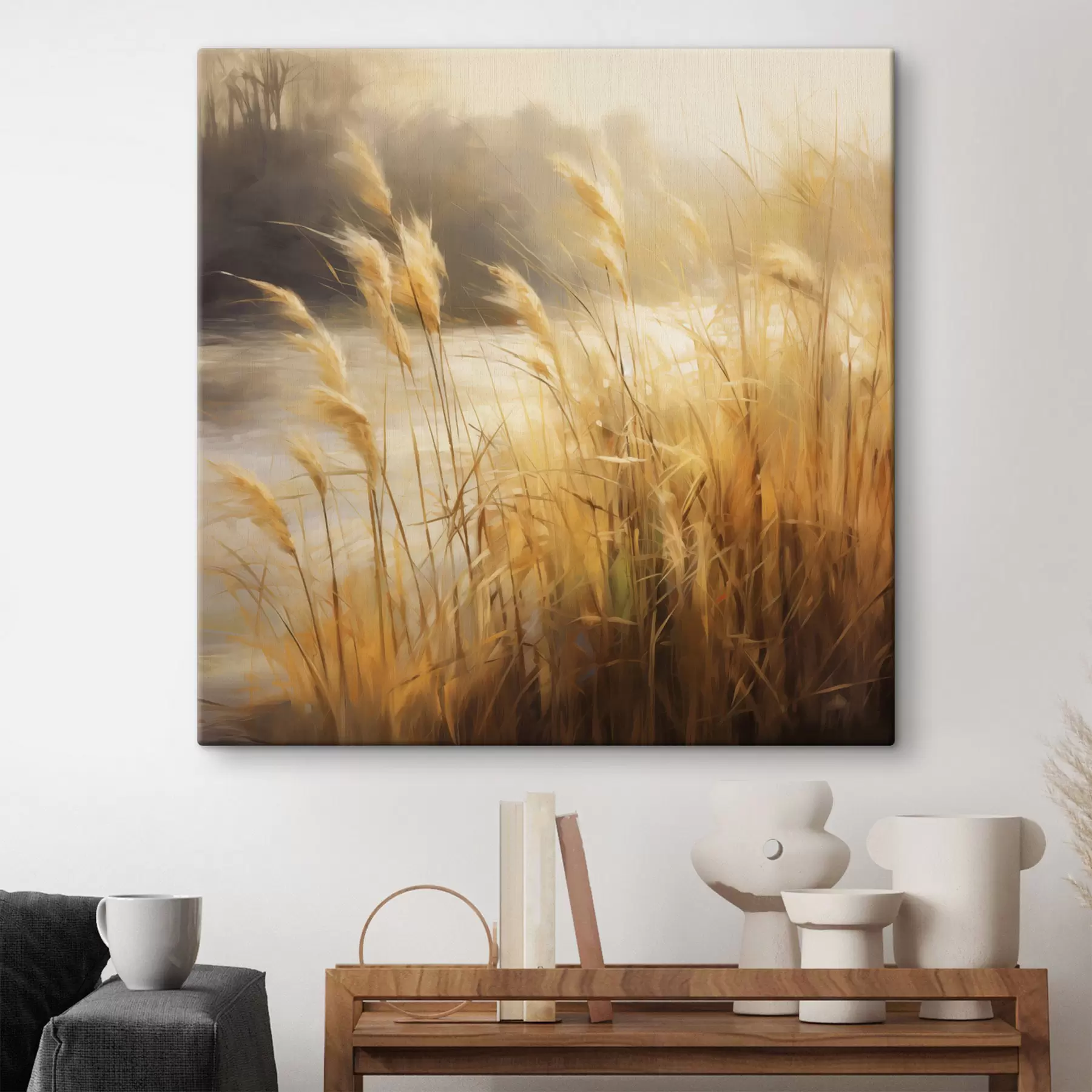 wall murals Tall, dry spikelets grass in the foreground with a lake and trees in the background s48394