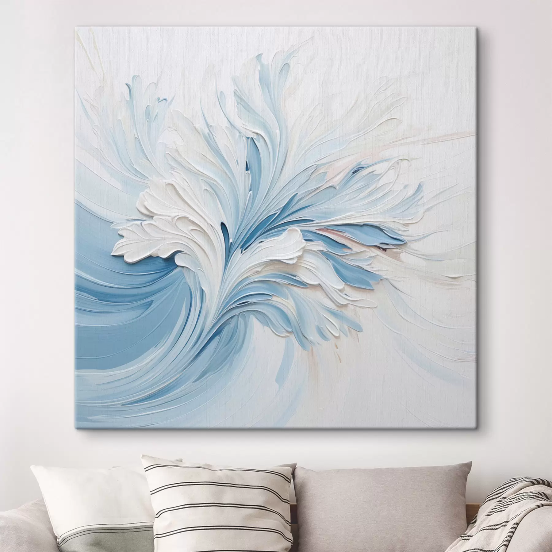 wall murals A white and light blue abstract floral design with textured petals and swirling lines s48395