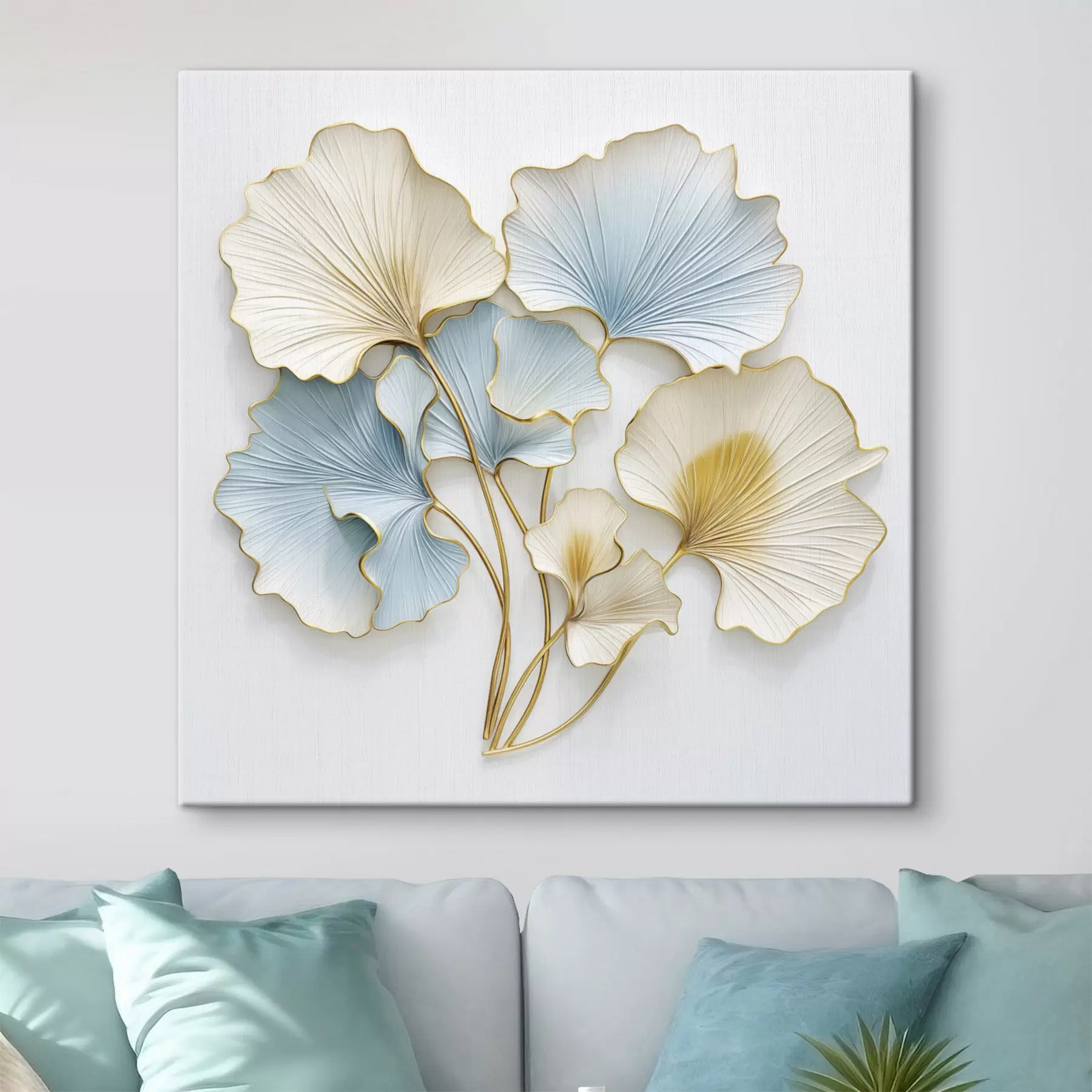 wall murals Stylized ginkgo leaves with blue and yellow accents s48398
