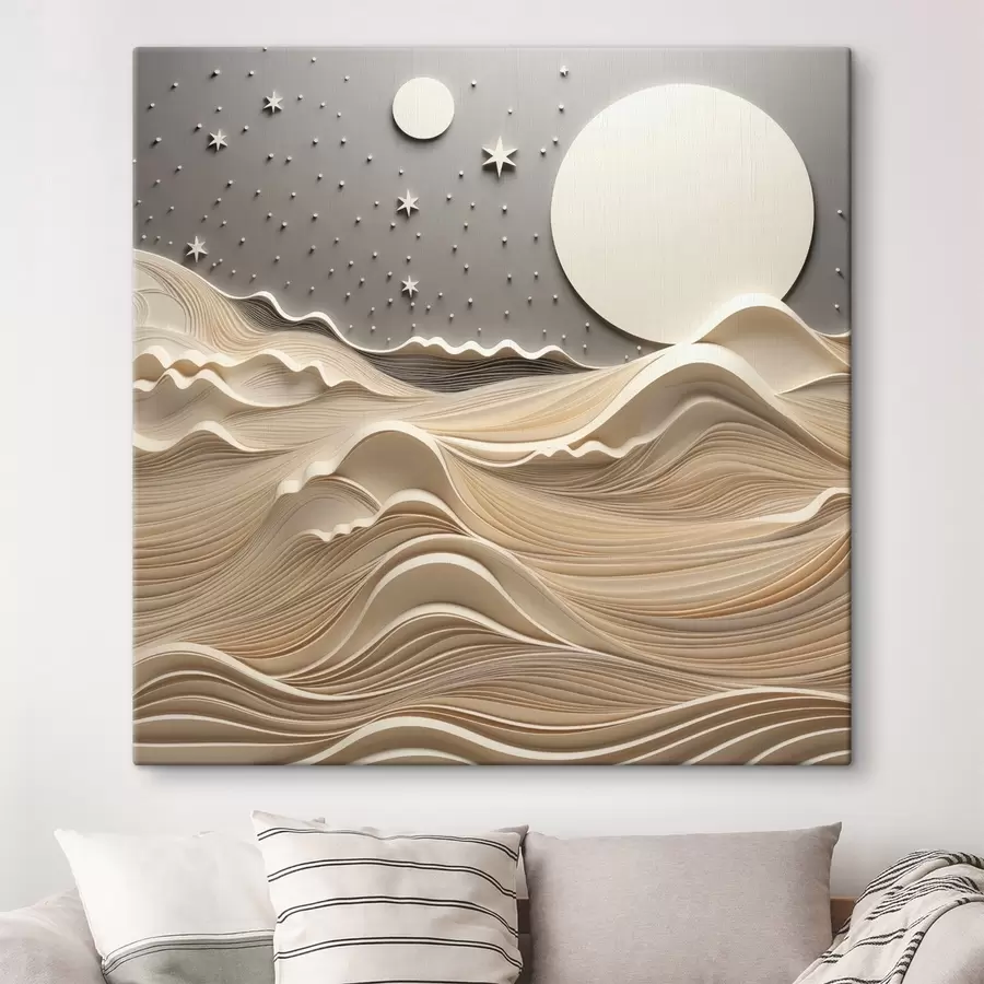 murales Un paisaje minimalista y estilizado con colinas onduladas y una gran luna en un cielo estrellado; arte abstracto s48401