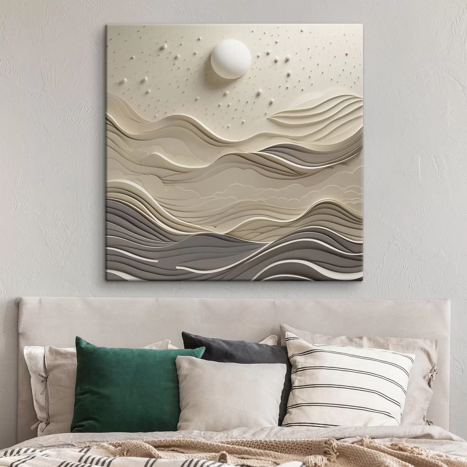 murales Un paisaje minimalista y estilizado con colinas onduladas y una gran luna en un cielo estrellado; arte abstracto s48402