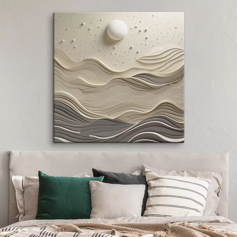 wall murals A minimalist stylized landscape with rolling hills and a large moon in a starry sky, abstract art s48402