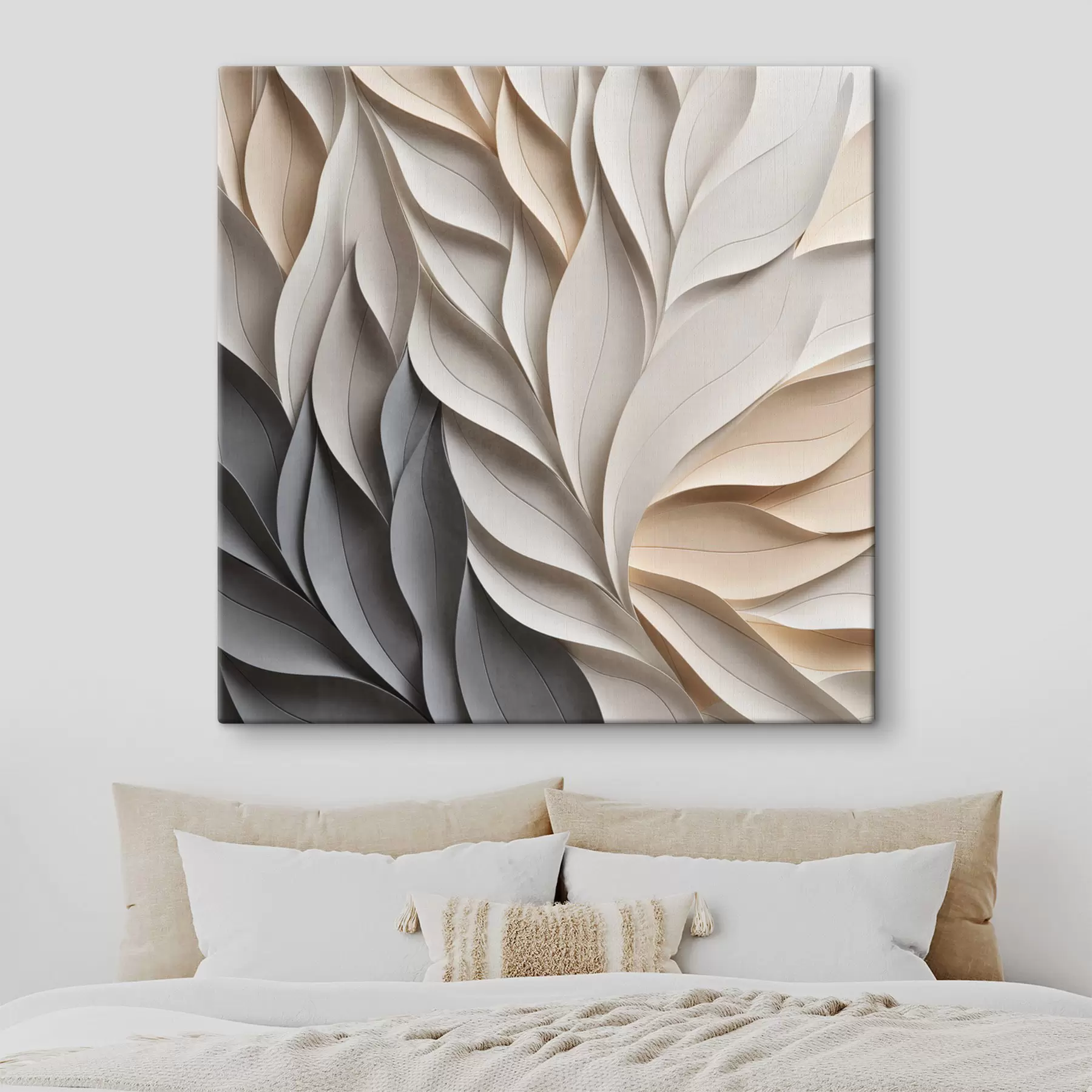murales Un diseño abstracto de hojas superpuestas con textura en tonos neutros de beige, crema y gris s48407