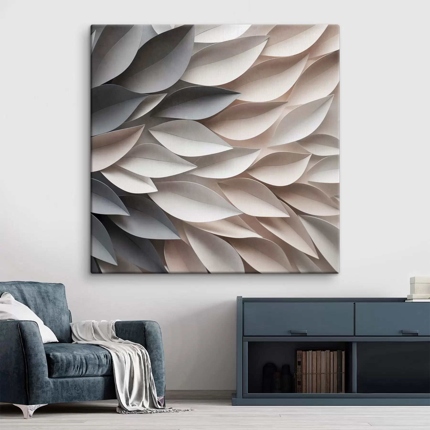 murales Un diseño abstracto de hojas superpuestas con textura en tonos neutros de beige, crema y gris s48408