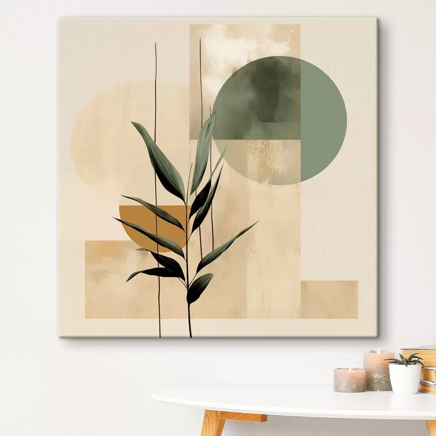 wall murals A dark green plant with abstract geometric shapes and watercolor textures in beige and green s48409