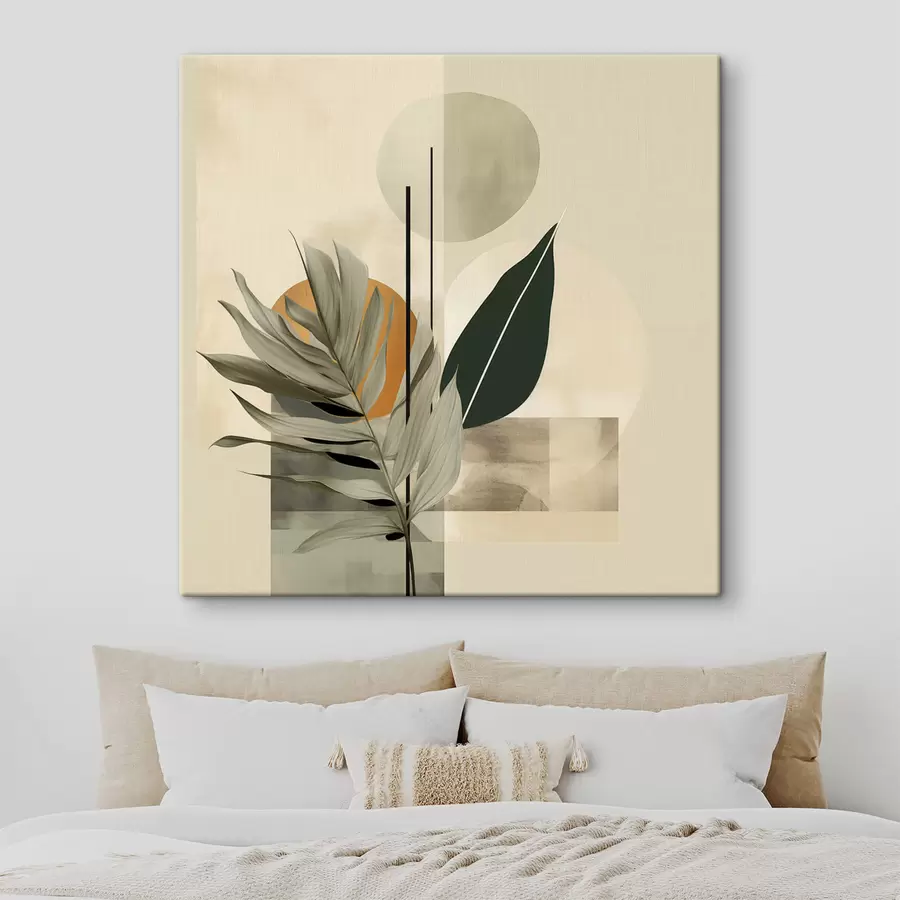 murales Una planta de color verde oscuro con formas geométricas abstractas y texturas de acuarela en tonos beige y verde s48410