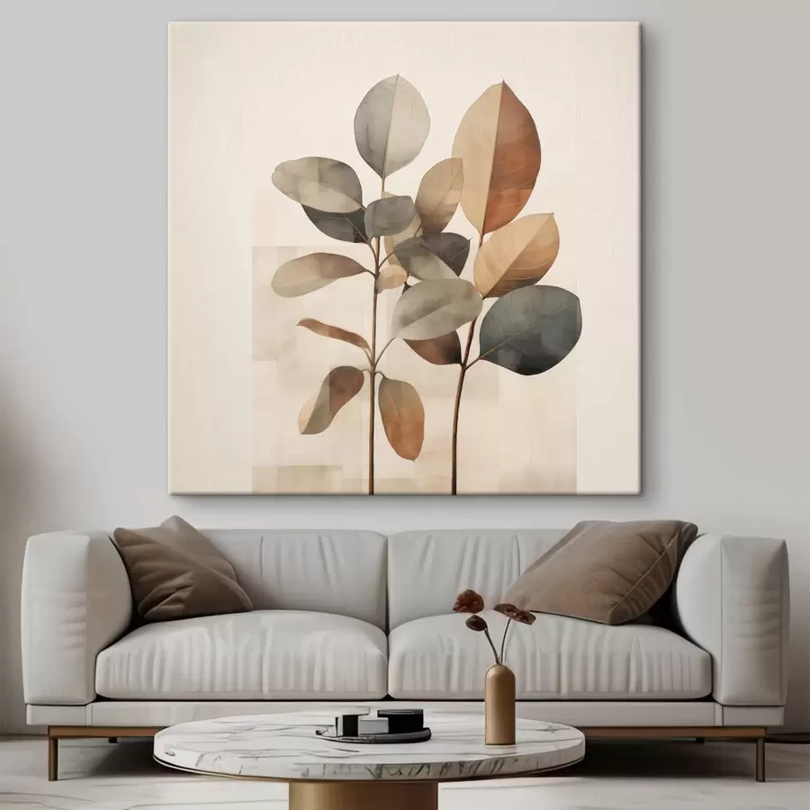 murales Plantas altas con hojas ovaladas en tonos apagados y formas rectangulares abstractas s48413