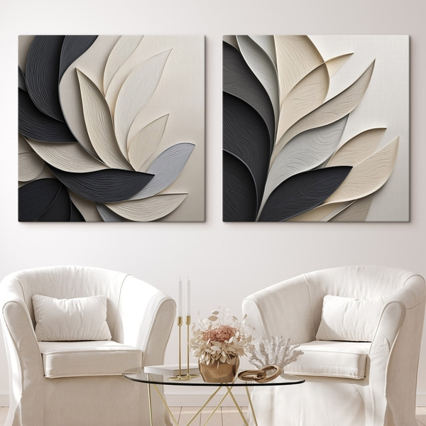 Pinturas Composición abstracta de hojas superpuestas, formas curvas en negro, blanco y beige, arte texturizado, Cuadros modulares, m30195 : Uwalls.com
