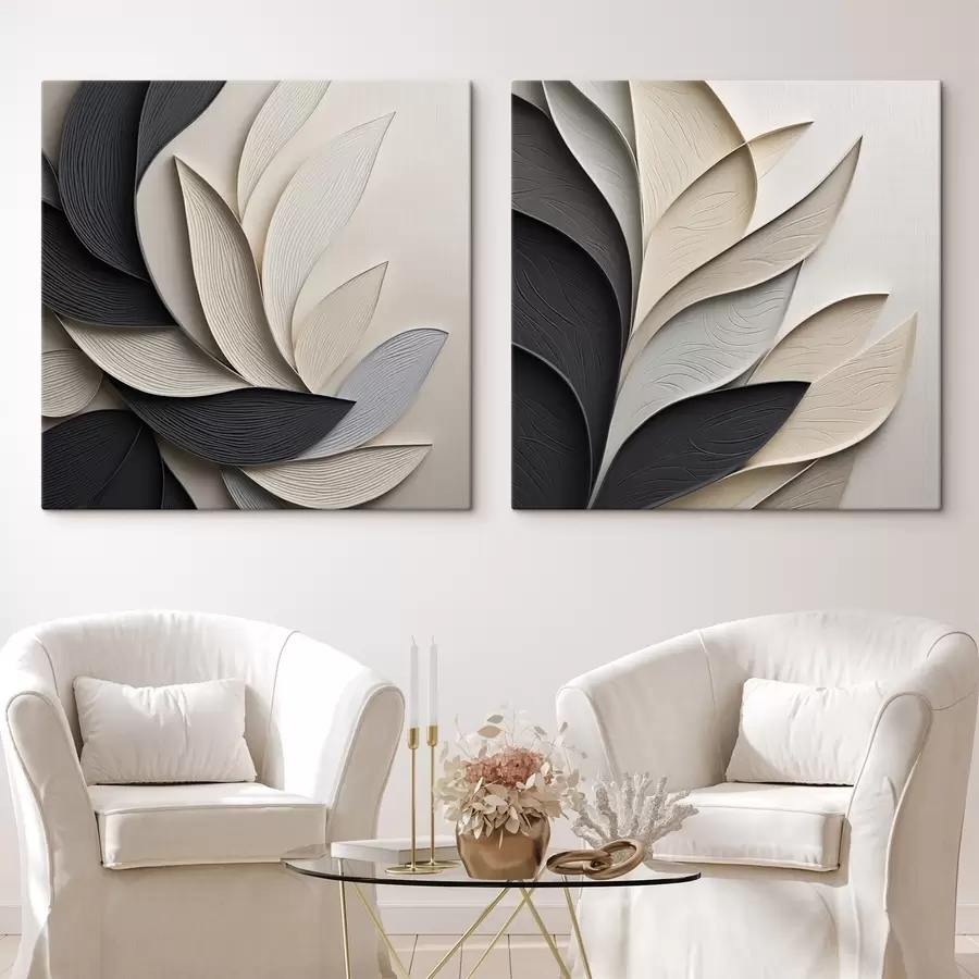 wall murals Abstract composition of layered leaves, curved shapes in black, white and beige, textured art m30195