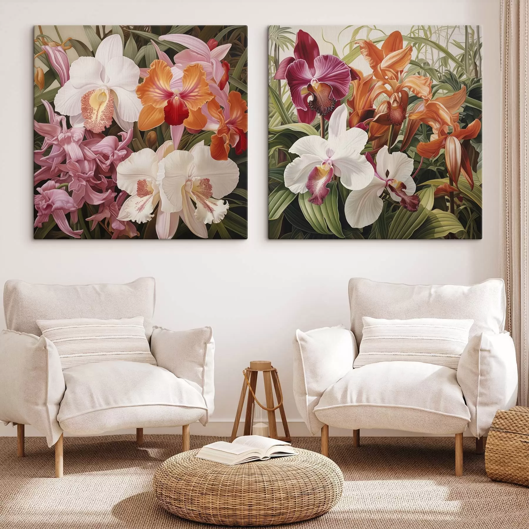 murales Ramo de flores tropicales, con orquídeas y follaje verde al fondo m30197