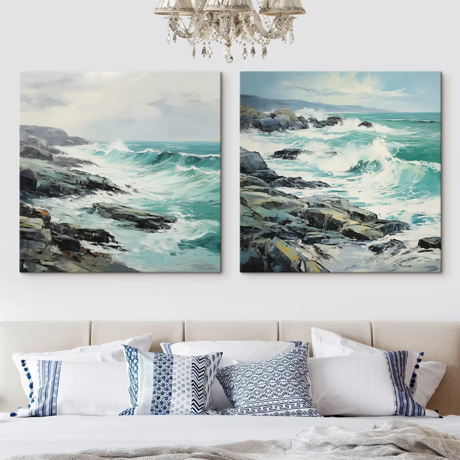 wall murals A rocky coastline landscape with waves under a cloudy sky, painting style m30198