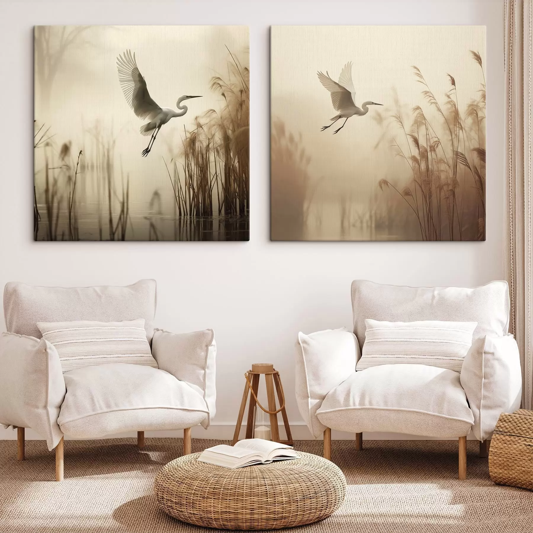 wall murals A white egret flies over a lake, surrounded by tall reeds and trees in the background m30199
