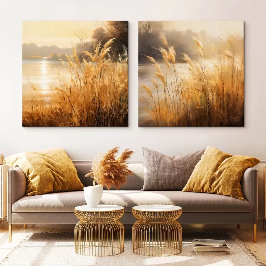 wall murals Tall, dry spikelets grass in the foreground with a lake and trees in the background m30201