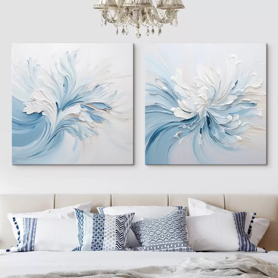 wall murals A white and light blue abstract floral design with textured petals and swirling lines m30202