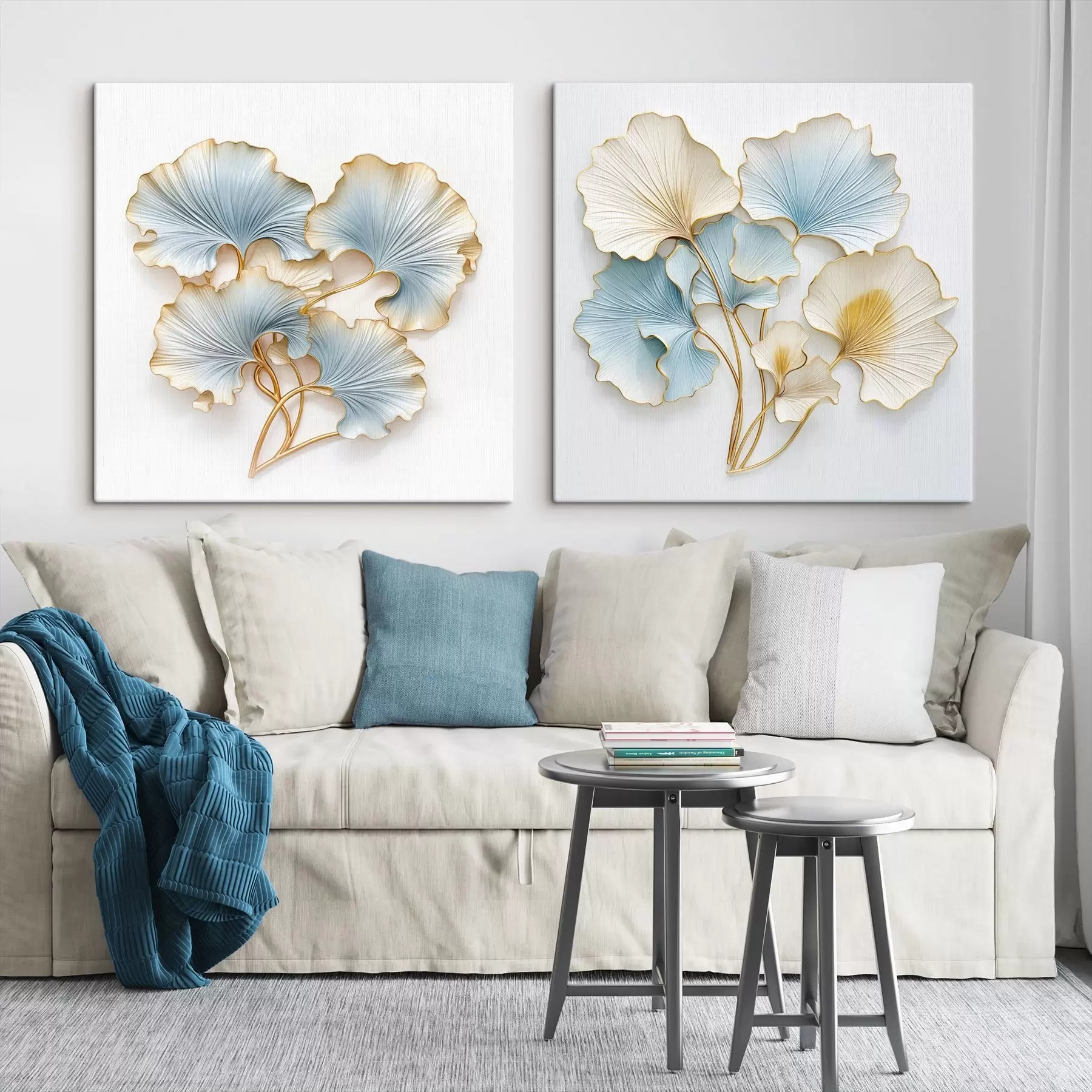 murales Hojas de ginkgo estilizadas con toques de azul y amarillo m30203