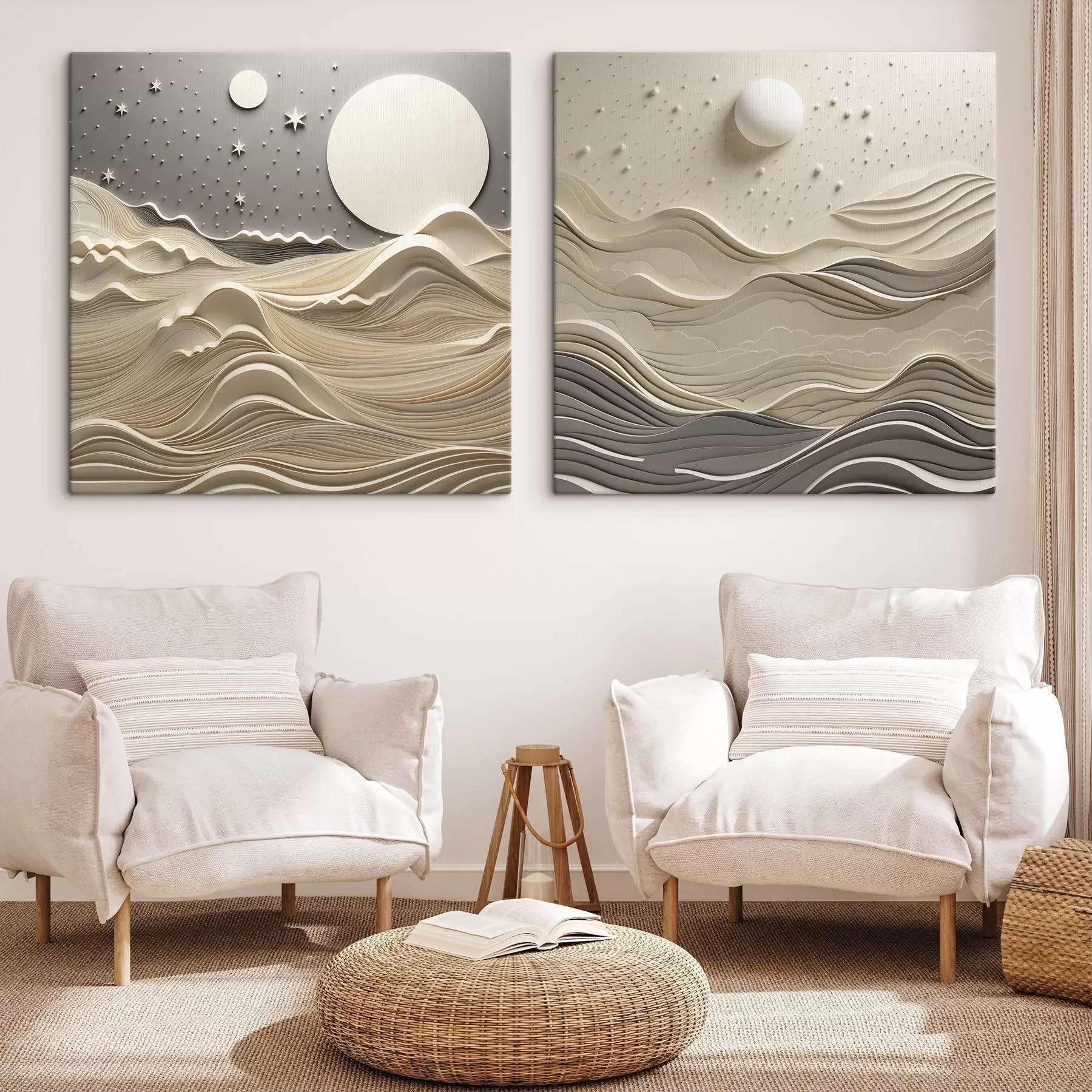 murales Un paisaje minimalista y estilizado con colinas onduladas y una gran luna en un cielo estrellado; arte abstracto m30205