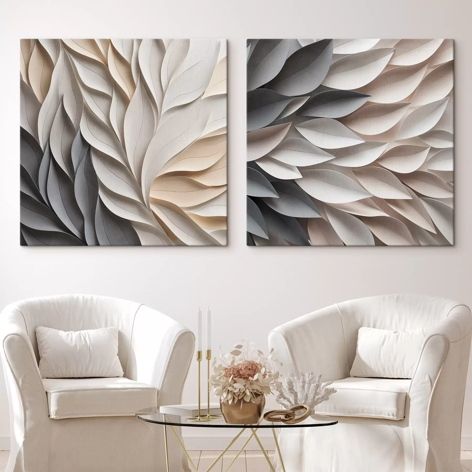 murales Un diseño abstracto de hojas superpuestas con textura en tonos neutros de beige, crema y gris m30208