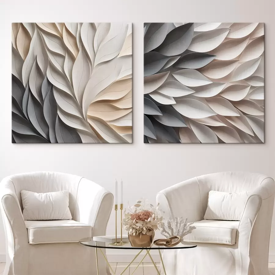 wall murals A textured overlapping abstract leaf shapes in neutral tones of beige, cream, and gray m30208