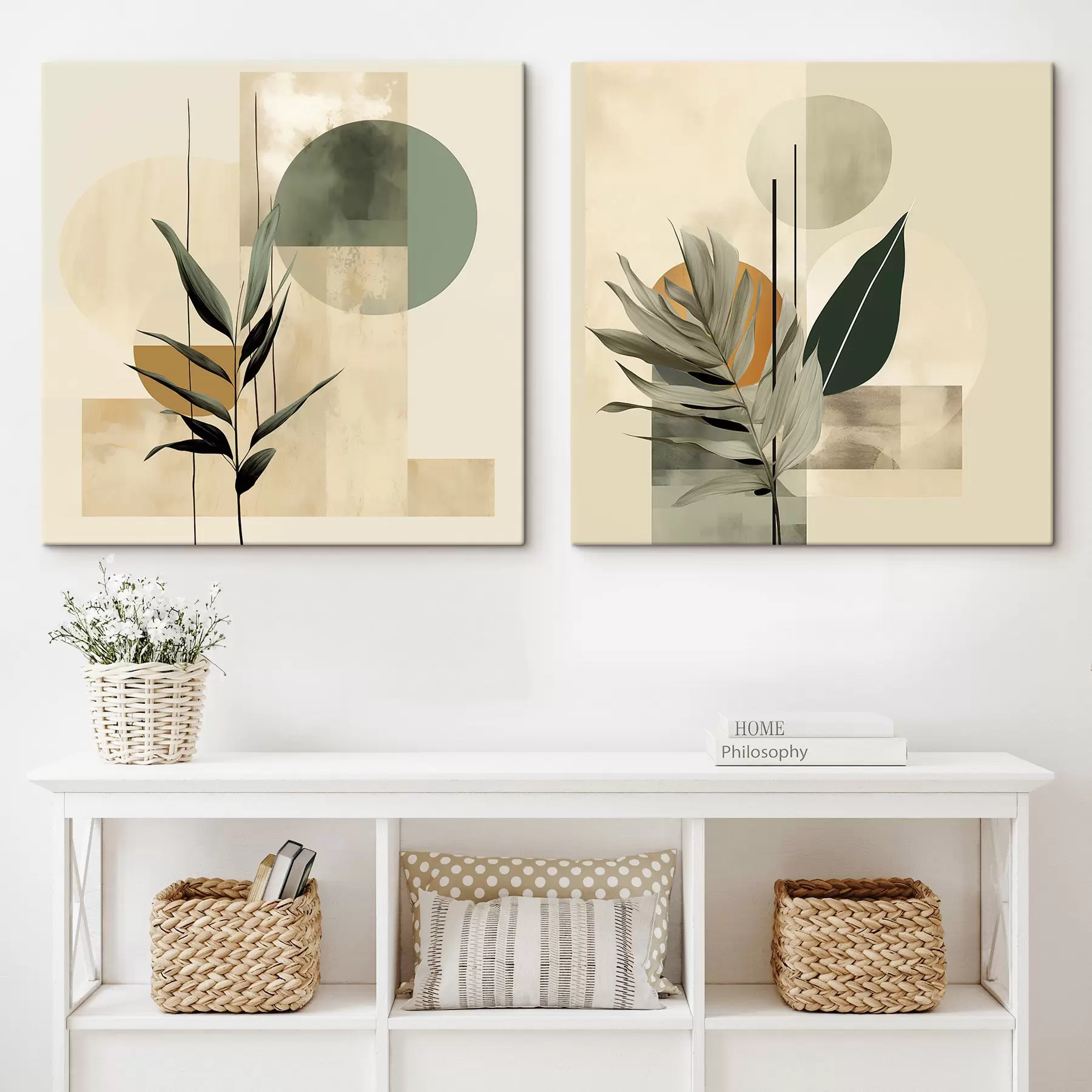 wall murals A dark green plant with abstract geometric shapes and watercolor textures in beige and green m30209