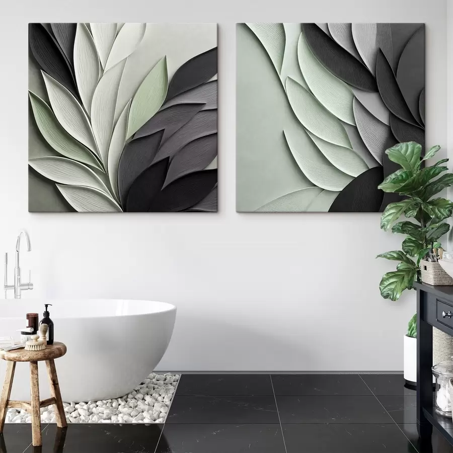 wall murals Abstract stylized leaves in shades of gray, white and muted green m30210