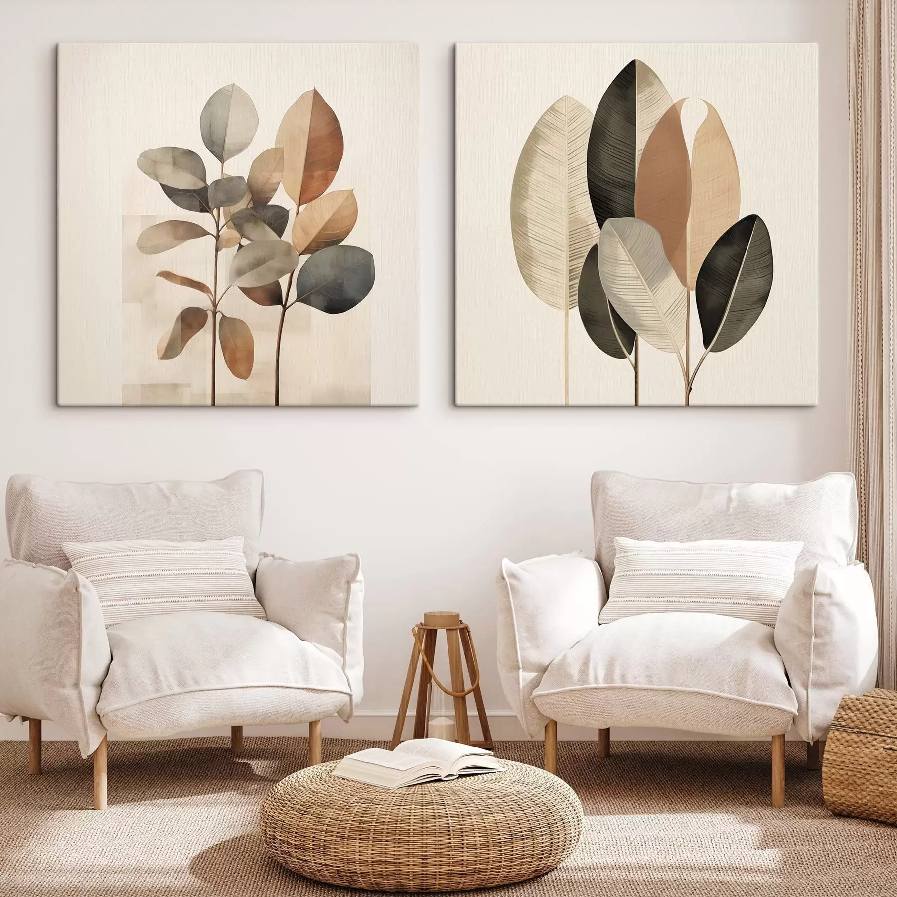 wall murals Tall plants with oval leaves in muted tones with abstract rectangular shapes m30211