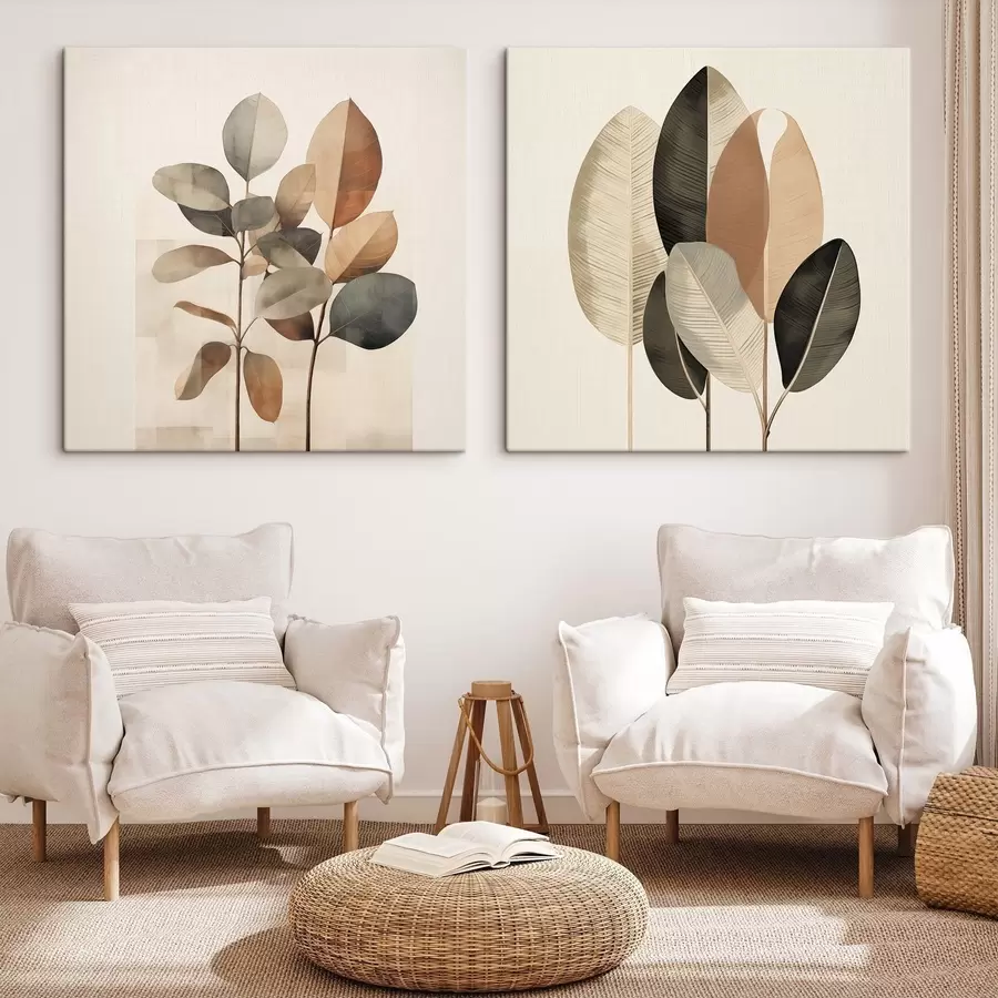 murales Plantas altas con hojas ovaladas en tonos apagados y formas rectangulares abstractas m30211