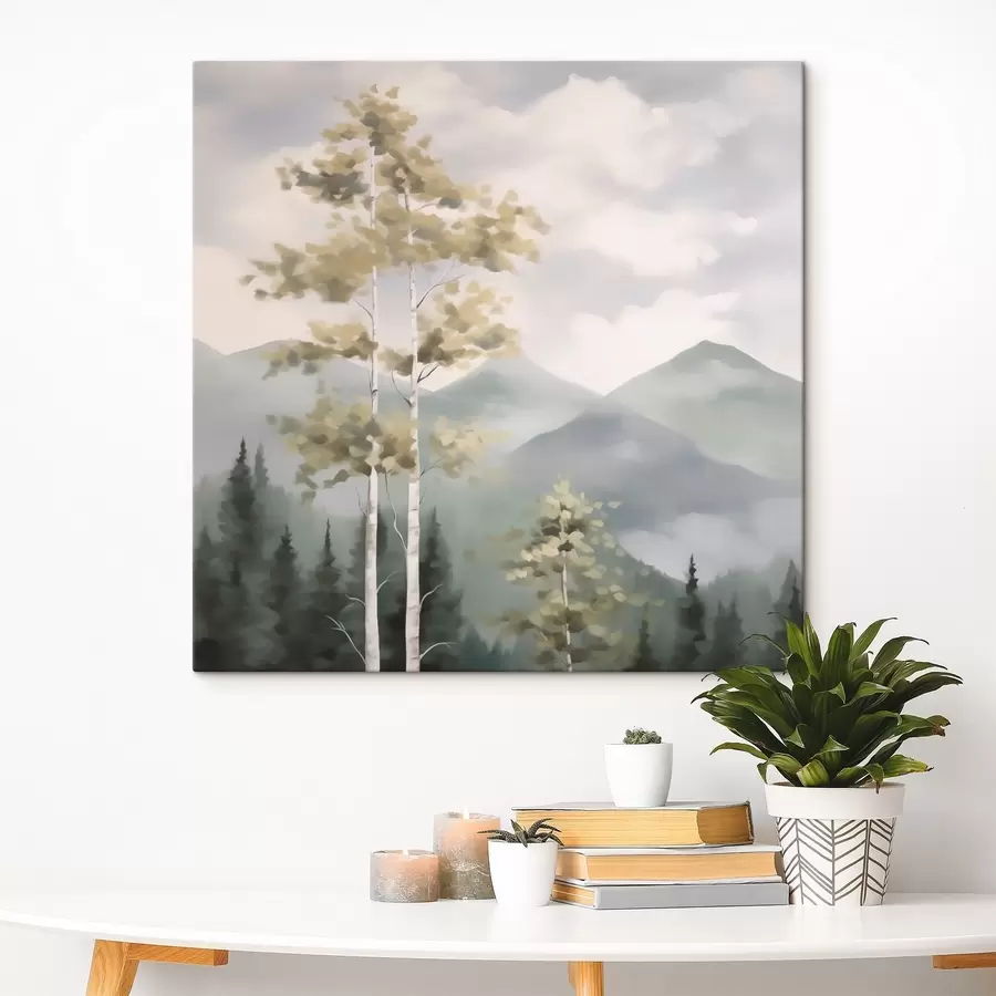 wall murals Trees against the backdrop of mountains, imitation of painting s48421