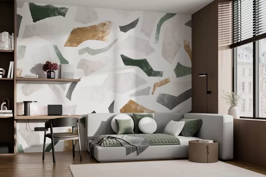 murales Fragmentos abstractos con textura en tonos verdes y beige w05146