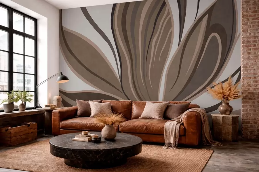 murales Flor estilizada con líneas fluidas en tonos marrones w05147