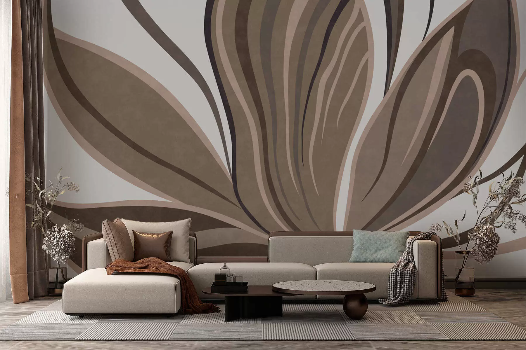 murais de parede Flor estilizada com linhas fluidas em tons de castanho w05147