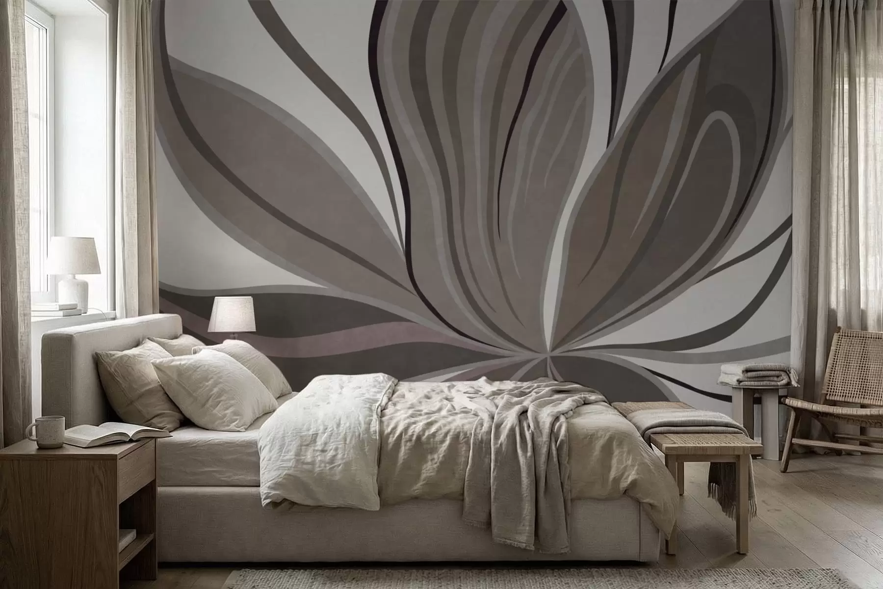 murais de parede Flor abstrata com linhas suaves em tons de cinzento e bege w05147v1
