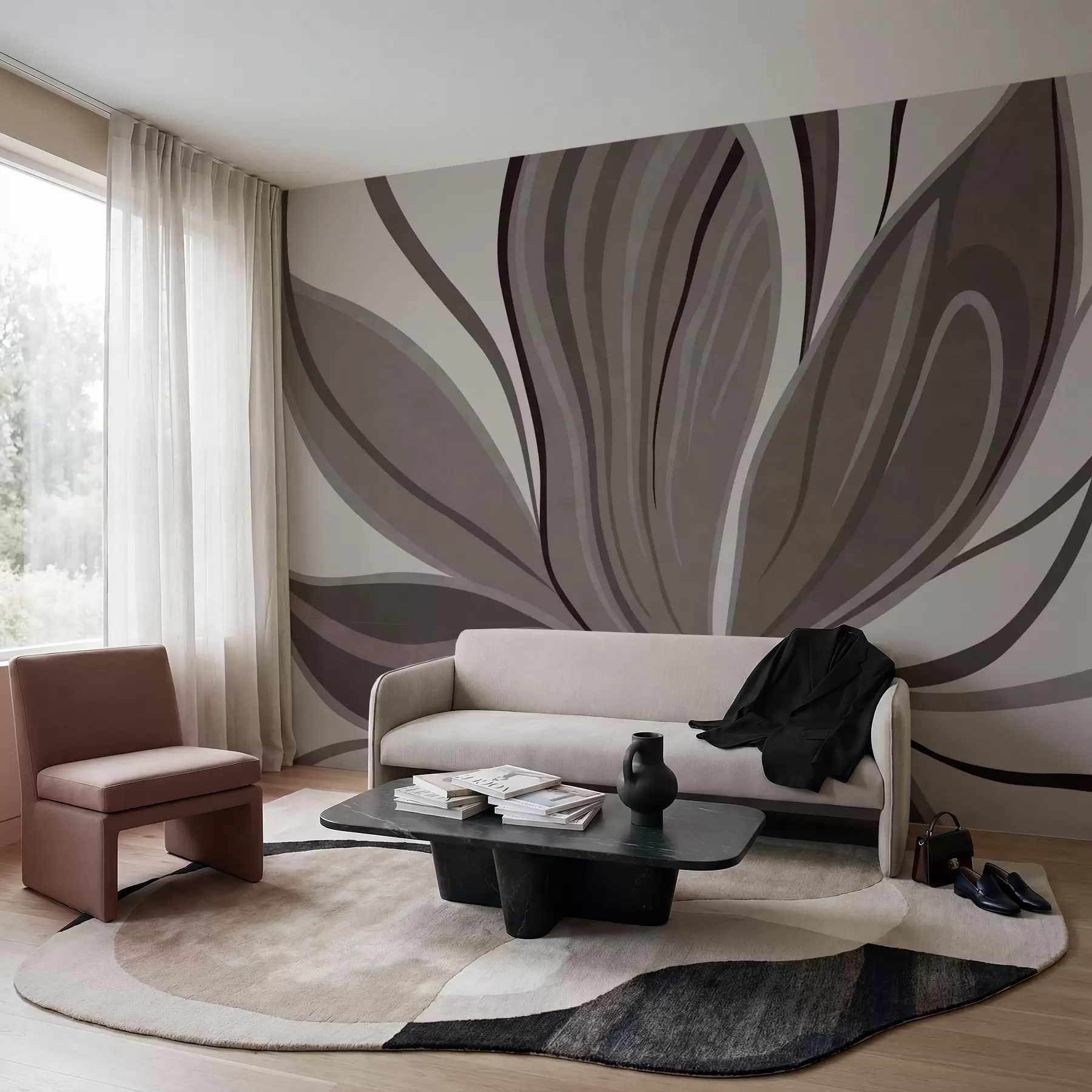 murais de parede Flor abstrata com linhas suaves em tons de cinzento e bege w05147v1