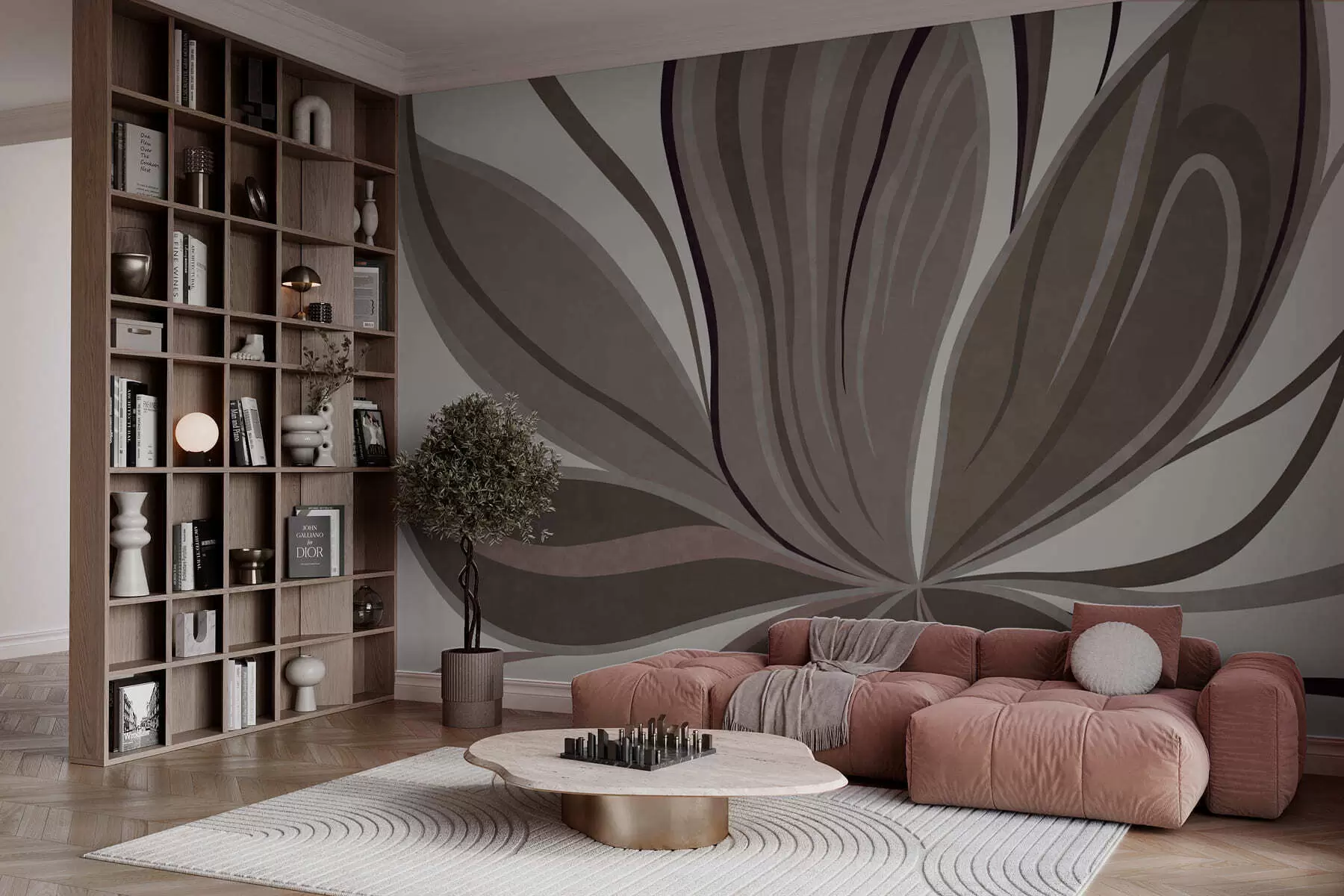 murais de parede Flor abstrata com linhas suaves em tons de cinzento e bege w05147v1