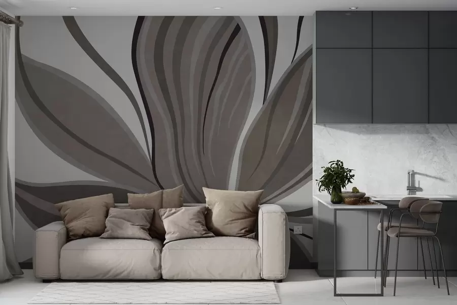 murales Flor abstracta con líneas suaves en tonos gris-beige w05147v1