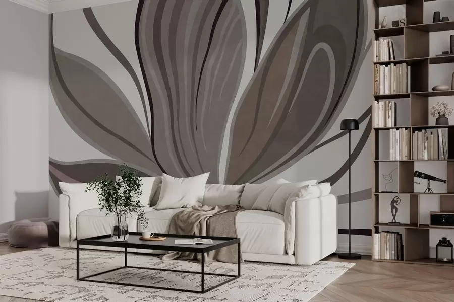 murales Flor abstracta con líneas suaves en tonos gris-beige w05147v1