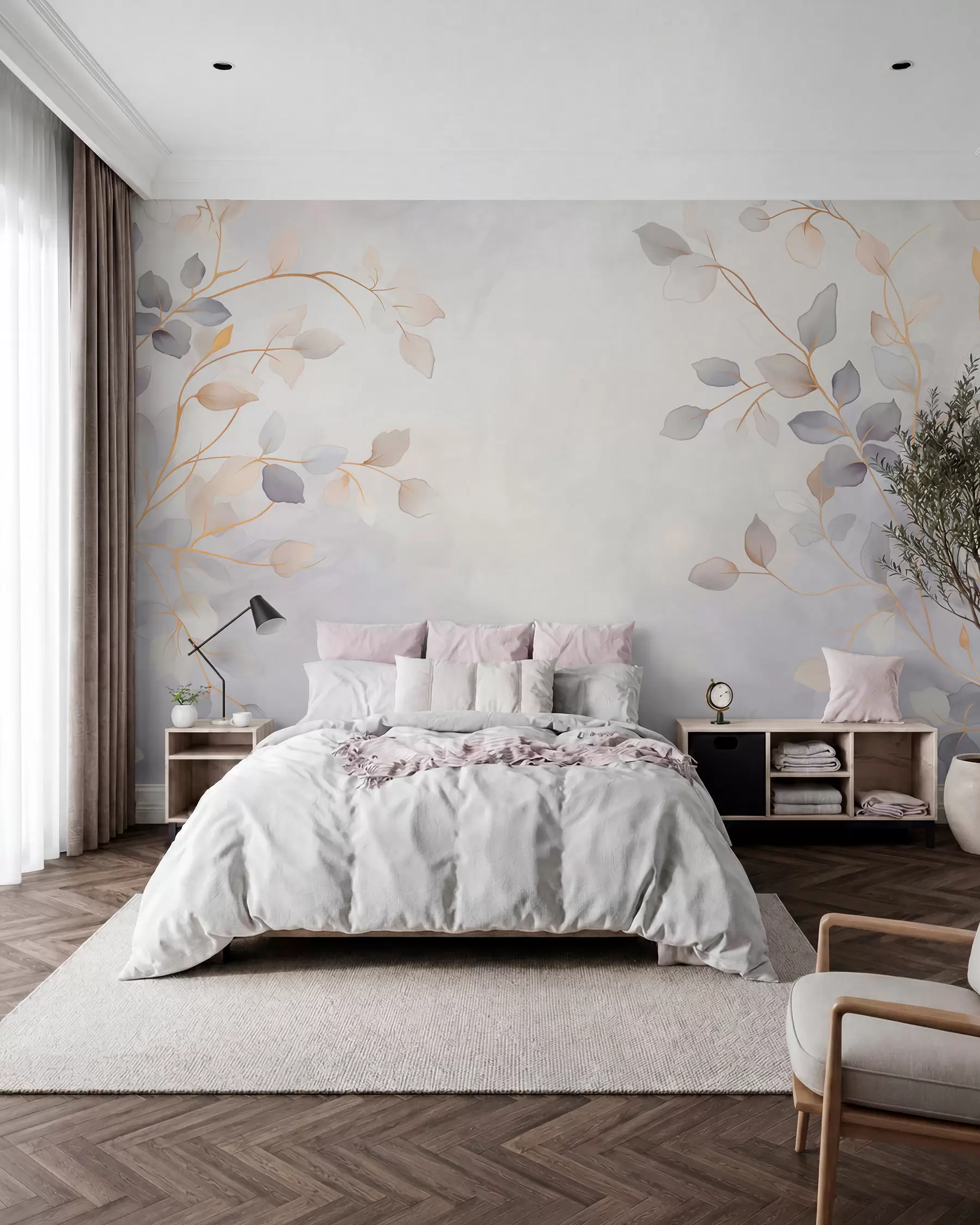 Wall Mural Photo Wallpaper Delicate leafy branches on a soft blurred background w05296