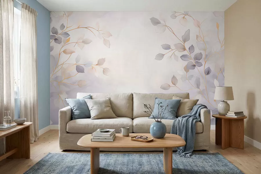 murales Ramas frondosas y delicadas sobre un fondo suave y difuminado w05296