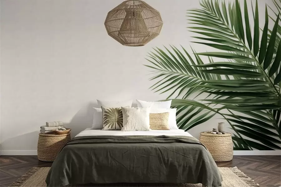 wall murals Green palm leaves on a light background w05391