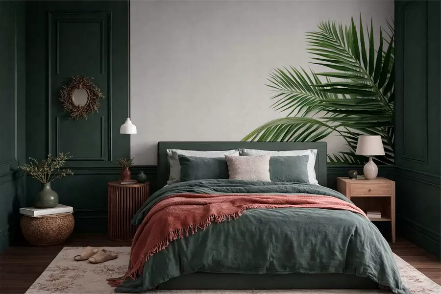 murales Hojas de palmera verdes sobre un fondo claro w05391