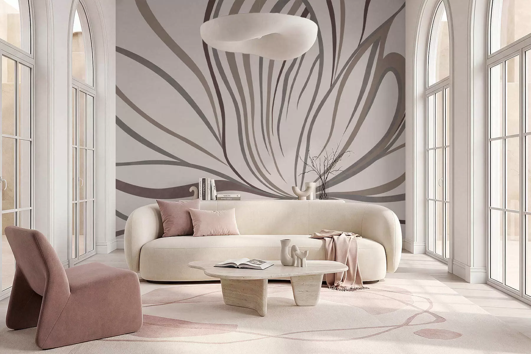 murales Flor abstracta con líneas en tonos grises y rosas w05392