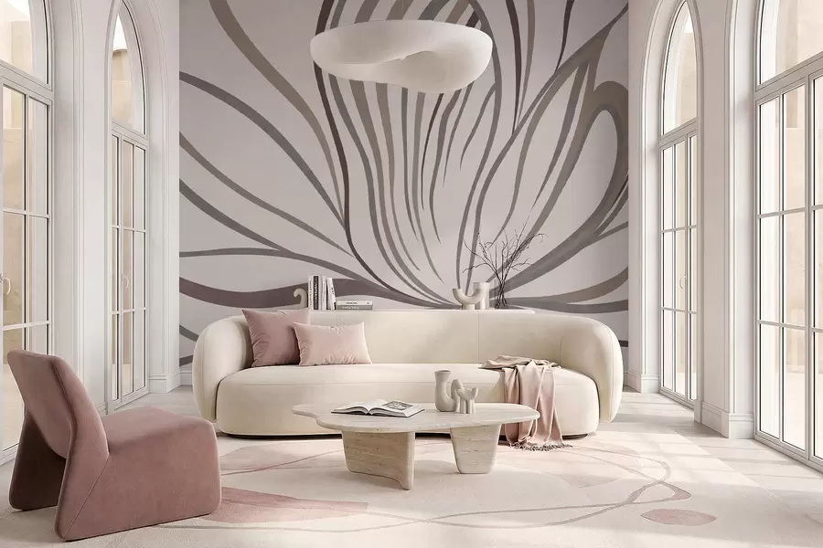 murales Flor abstracta con líneas en tonos grises y rosas w05392