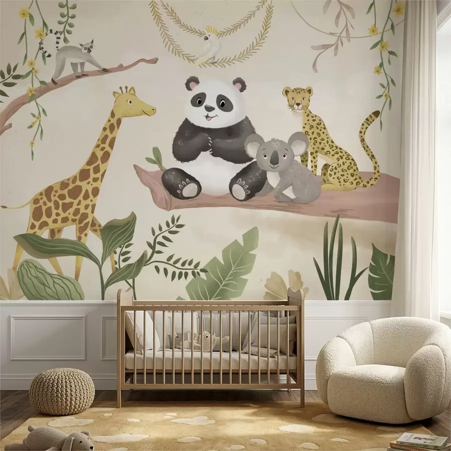 Wall Mural Photo Wallpaper Cute jungle animals on a branch among plants w05393