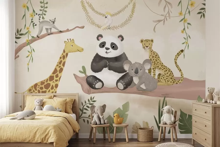 wall murals Cute jungle animals on a branch among plants w05393