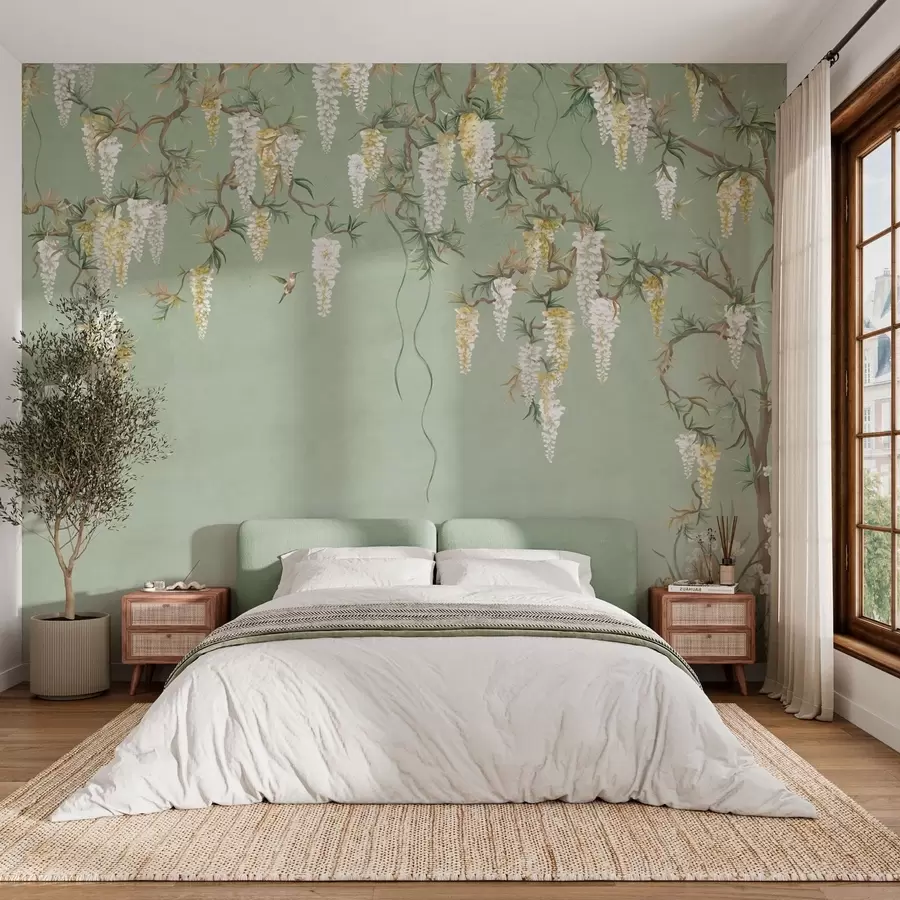 Wall Mural Photo Wallpaper Flowering branches with white blossoms and birds on green w05394