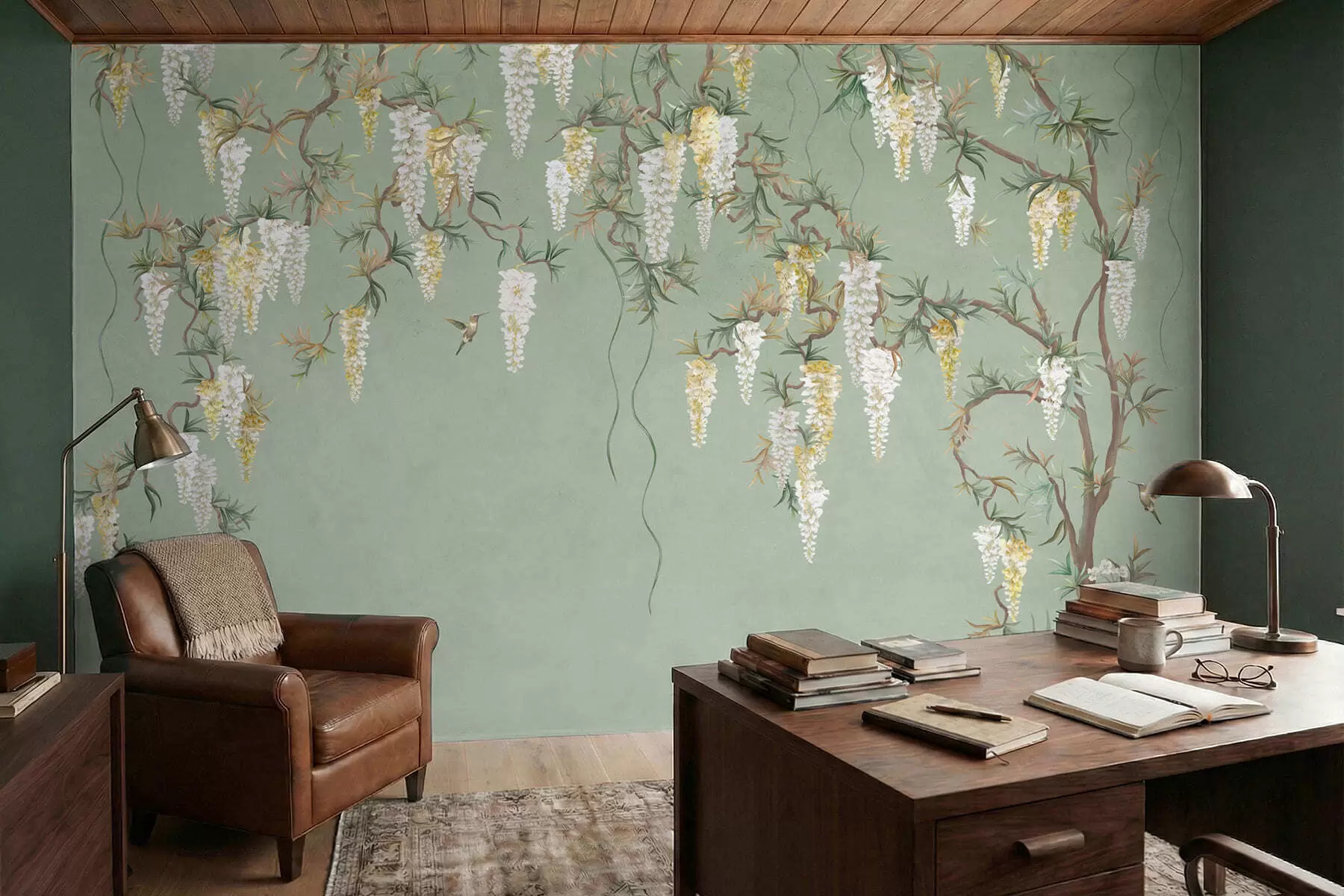 Wall Mural Photo Wallpaper Flowering branches with white blossoms and birds on green w05394