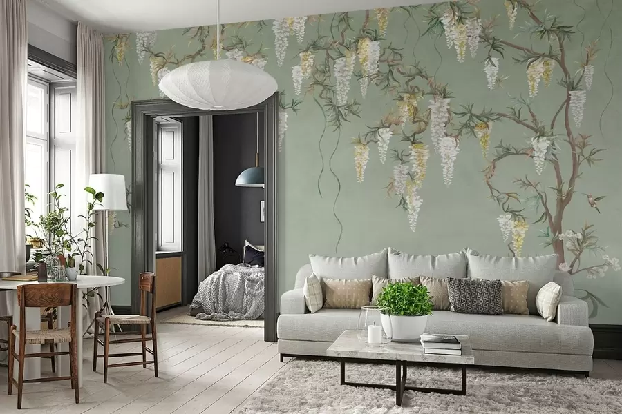 Wall Mural Photo Wallpaper Flowering branches with white blossoms and birds on green w05394
